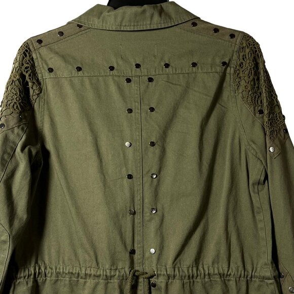 BKE Canvas Jacket Khaki Green Crochet Applique Sudded Snap Zip Front Long Sleeve - Picture 8 of 15
